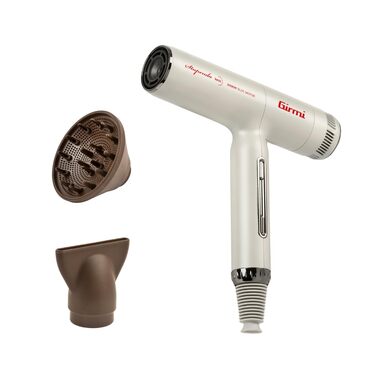 Безщітковий фен Girmi PH93, 2000 Вт, 3 швидкості, 5 температур, іонізація, компактний дизайн (50 ваги), з дифузором, бежево-коричневий