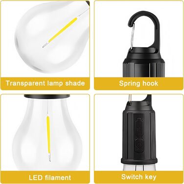 Набір із 4 акумуляторних кемпінгових ліхтарів, ліхтарі для наметів, 3 режими освітлення, акумуляторні лампочки з батареєю, зарядка через USB, міні-світлодіодні кемпінгові ліхтарі, регульована яскравість, зовнішні кемпінгові ліхтарі