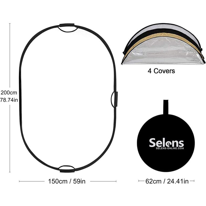 Овальний рефлектор Selens 5-в-1 Портативний складний для фотографії Освітлення фотостудії Зовнішнє освітлення Студійний дифузор Відбивач напівпрозорий, білий, чорний, сріблястий, золотий поверхня (150X200 см)