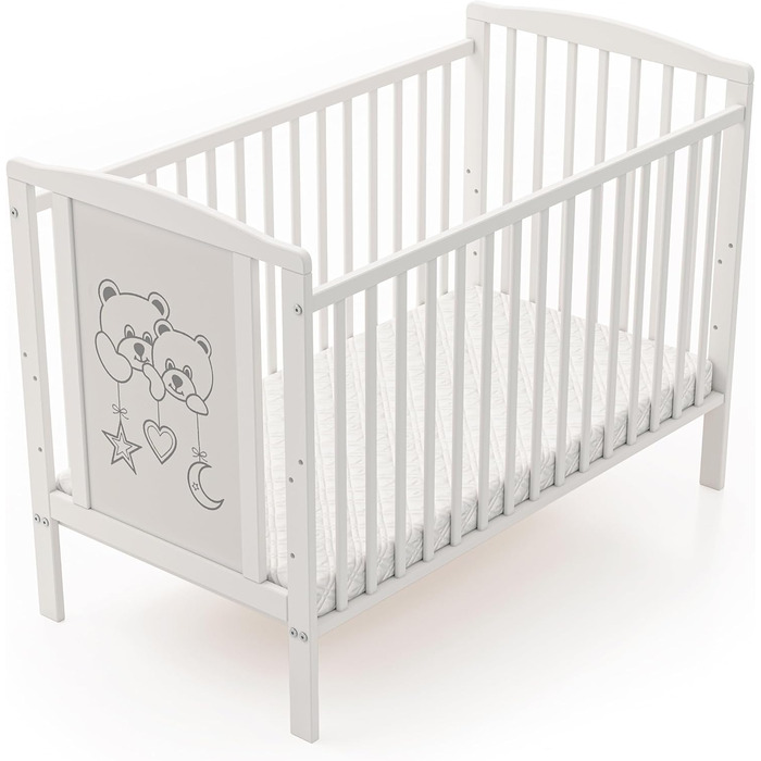 Звичне дерев&39яне дитяче ліжко 60120 см Модель Два ведмеді біле з бар&39єром для перетворення 3-позиційна регульована по висоті рейкова основа знімні бруски без матраца. Дитяче ліжко