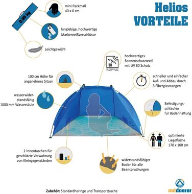 Пляжний намет Helios для активного відпочинку - дорожній пляжний намет, захист від ультрафіолету 80, міні-розмір, пляжний намет, захист від сонця та вітру, синій