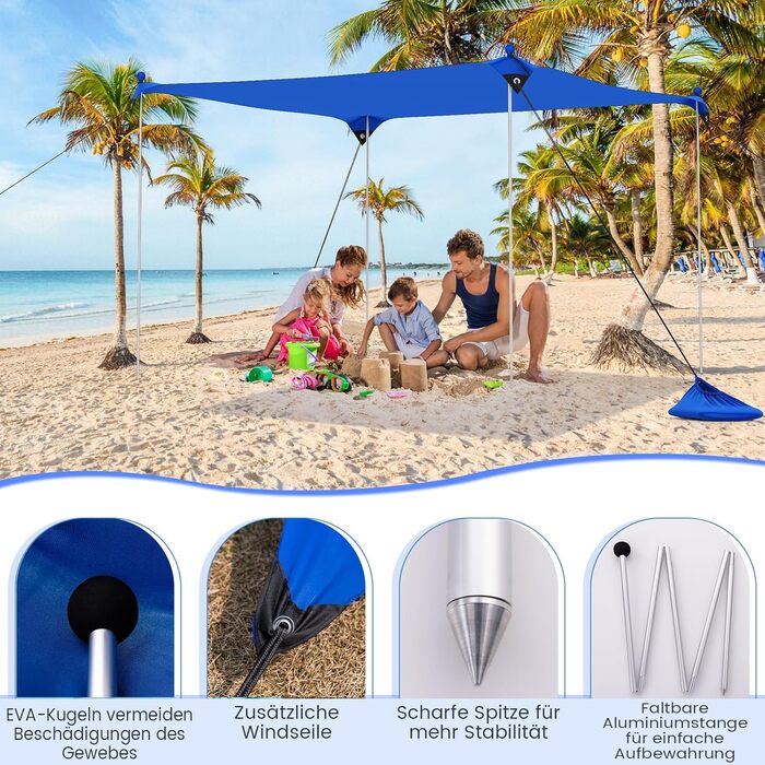Пляжний намет COSTWAY 230 x 200 см, UPF 50, Сонячний намет з піщаними кріпленнями, мішками з піском та 2 опорними стійками, портативний сонцезахисний навіс, сонцезахисний тент для пляжу, риболовлі, пікніка (синій) 230 x 200 см синій