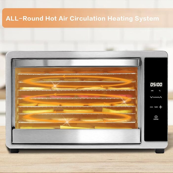 Дегідратор Skyehomo з нержавіючої сталі, дегідратор 650 Вт 0,8 м дегідратор з регулятором температури (35-80 C), таймер на 24 години, 8 рівнів сушильної машини з решіткою з нержавіючої сталі, дегідратор їжі для м'яса, фруктів, овочів, трав