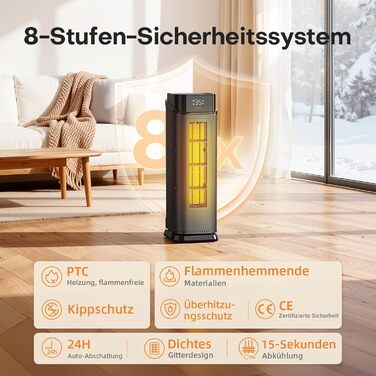 Тепловентиляторний обігрівач PTC потужністю 2000 Вт, енергозберігаючий з 4 режимами, режим енергозбереження ECO, коливання на 90, таймер 24 години, пульт дистанційного керування, тихий та потужний, захист від перегріву та перекидання для домашнього викори