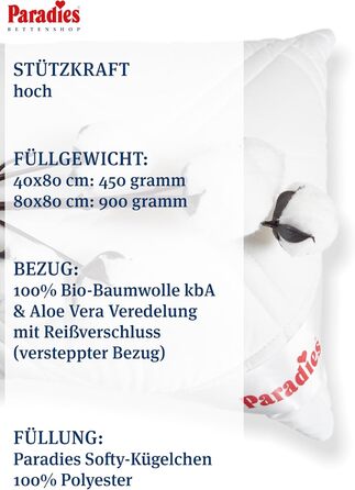 Подушка PARADISE 40x80 см зі стьобаним чохлом - Softy Top Plus Organic, стьобана подушка на блискавці 40 x 80 см 1