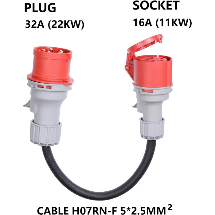 Перехідник CEE з вилки 32A на розетку 16A із захисною кришкою, 3 фази, 5 контактів, водо- та пилозахист IP44, портативний, підходить для промислового та приватного використання (32-16)