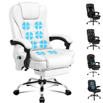 Офісне крісло ALFORDSON з ергономічною поперековою опорою, письмове крісло з підлокітниками та спинкою, обертове крісло з функцією масажу, матеріал PU, регульована висота, білий колір, штучна шкіра