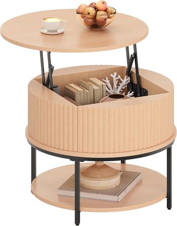 Журнальний столик з регульованою висотою, круглий журнальний столик з ребристим дизайном та прихованим місцем для зберігання, приставні столики для дивана Centro для вітальні, підйомна поверхня з дуба