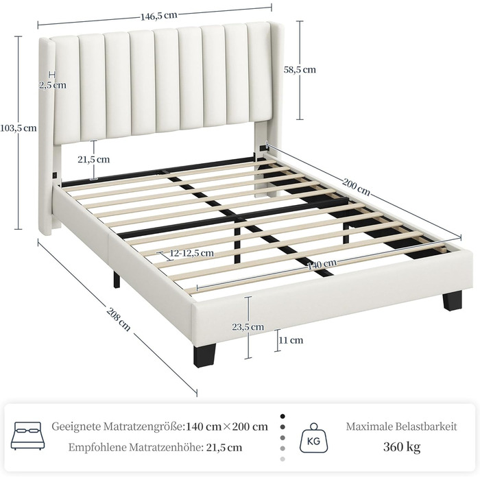 Ліжко Yaheetech з м&39яким каркасом 140 x 200 см, міцне двоспальне ліжко, сімейне ліжко, м&39який каркас ліжка, ліжко з місцем для зберігання, для спальні, гостьова кімната, бежевий колір, бежевий 140 x 200 см