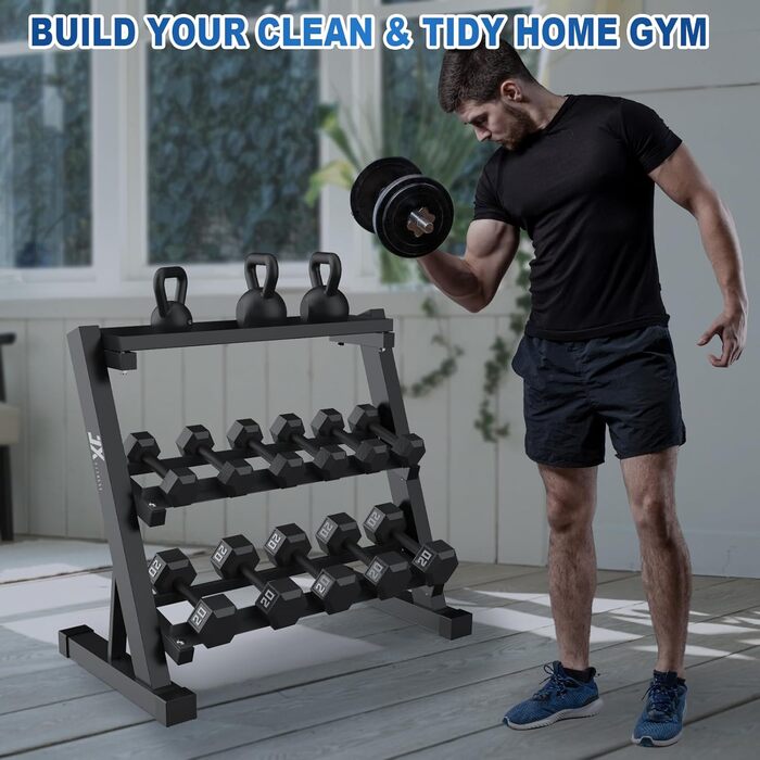 Стійка для гантелей JX FITNESS, 3-рівневе відділення для зберігання гантелей та гирь, багаторівнева підставка-органайзер для домашнього фітнесу, вантажопідйомність 1000 фунтів