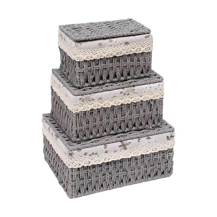 Набір кошиків для зберігання з 3 предметів з кришкою, плетений кошик з підкладкою, ротангова коробка для зберігання у ванній кімнаті, органайзер для ванної кімнати, іграшок, кухні, спальні (сірий)