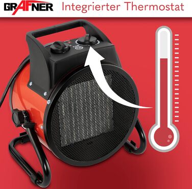 Керамічний вентилятор-обігрівач Grafner XXL потужністю 3000 Вт (3 кВт), 3 режими нагріву, автоматичний термостат, потужний турбонагрівач, PTC-елемент, захист від перегріву, електричний будівельний обігрівач, електричний обігрівач, обігрівач для наметів