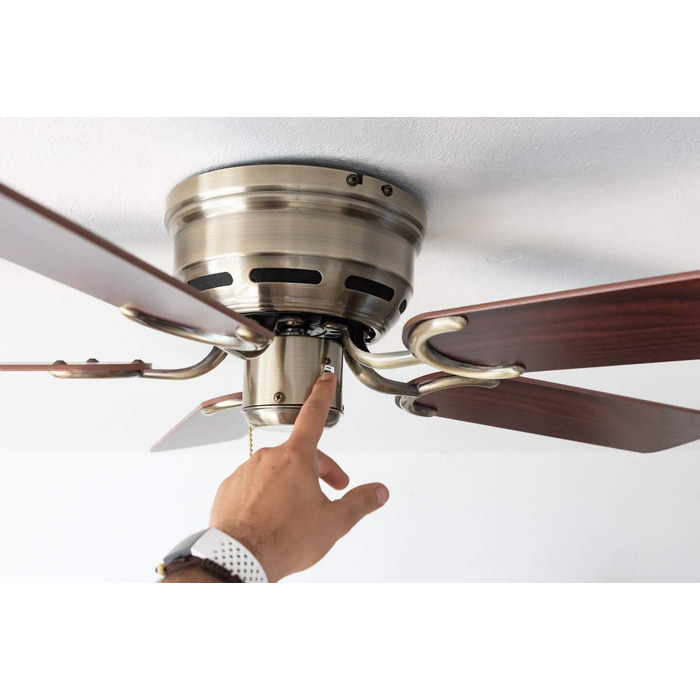 Стельовий вентилятор Kisa без підсвічування Вентилятор із тяговим перемикачем із старовинної латуні з реверсивними лопатями з рожевого та горіхового дерева, діаметр 105 см. (Колір латунь, палісандр/горіх)