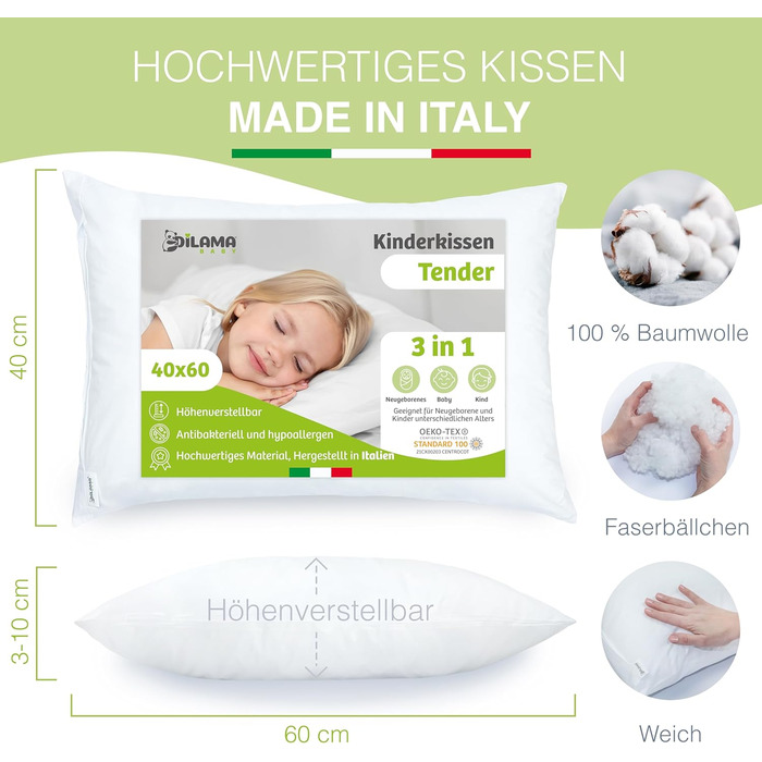 Дитяча подушка 40x60 см - Ергономічна дитяча подушка з регульованою висотою та волокнистими кульками - Бавовна перкаль преміум-кла