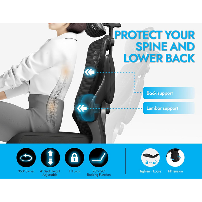 Ергономічне офісне крісло TRALT, до 150 кг, сітка, чорний