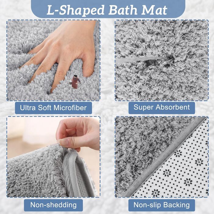Кутовий килимок для душу Funvalley Surperfect L-подібний килимок для ванни з мікрофібри Надзвичайно мякий, ультрапоглинаючий та нековзний Підходить для кутових душових кабін Внутрішні розміри 80x80 см Ідеально підходить для підлоги у ванній кімнаті