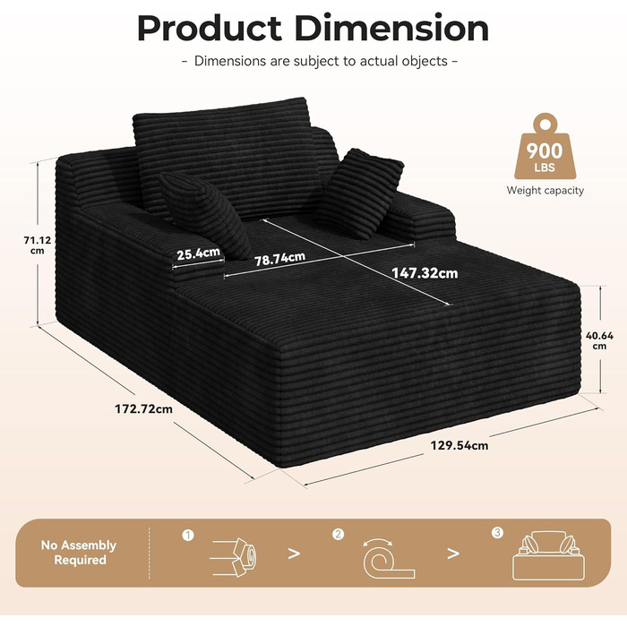 Сучасний вельветовий диван без кісток з функцією сну Диван Хмара з шезлонгом, 3 подушки, зручний диван для вітальні, не потребує складання чорна вельветова тканина