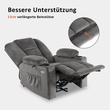 Електрично регульоване крісло для телевізора 7008, Крісло-реклайнер з функцією відкидання, Крісло для телевізора з функцією масажу та підігріву, USB та підсклянник, Вітальня (Тканина, сірий) Тканина сірого кольору