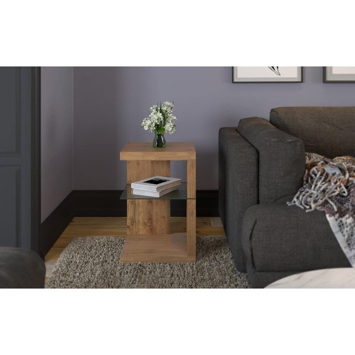 Приставний столик/тумбочка колекції M2 Domingo Сучасний дизайн МДФ з декором дикого дуба Додаткове місце для зберігання Безпечне скло, 40x40x60 см Універсальне використання Domingo 1