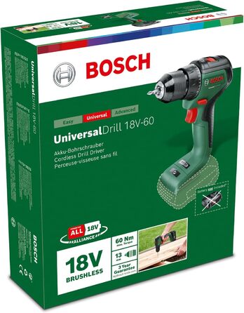 Дім і сад Bosch UniversalDrill 18V-60 акумуляторний дриль-шуруповерт (без акумулятора, 18 В, в коробці) чорний