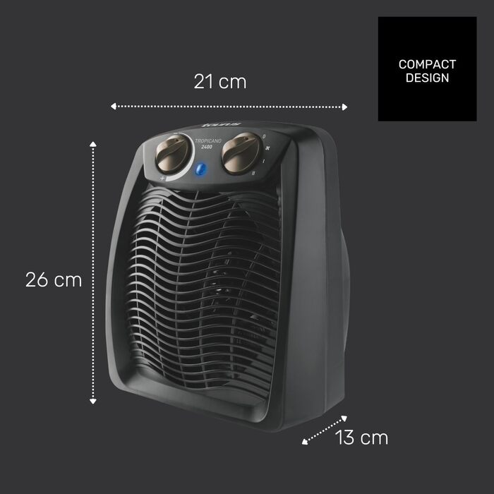 Обігрівач Taurus Tropicano 2400 2400 Вт Вентиляторний обігрівач Тихий Регульований термостат 2 режими нагріву Вентилятор Індикатор живлення Компактний Чорний 2400 Вт Чорний