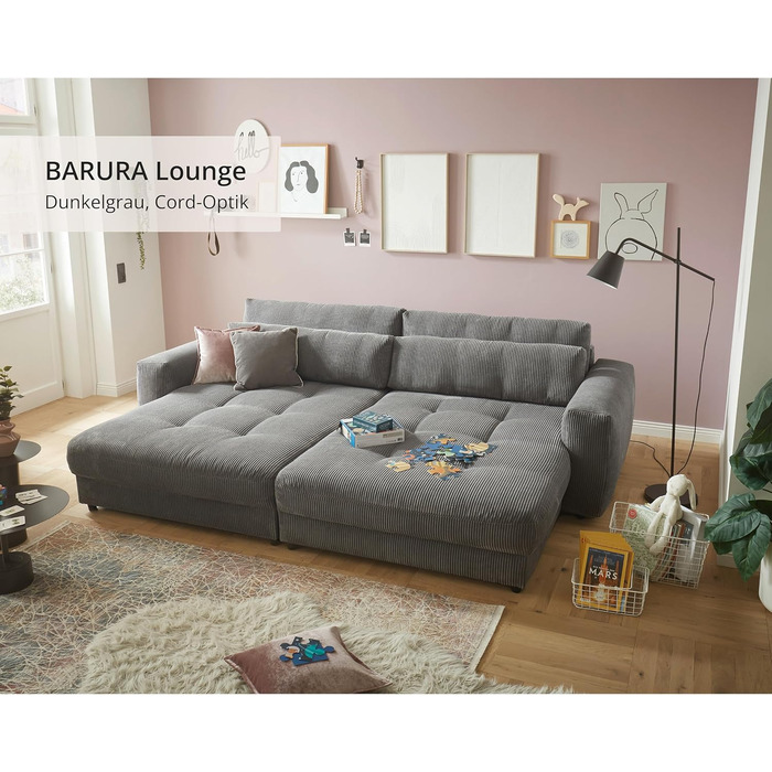 Великий диван BARURA Cord темно-сірого кольору XXL диван з великою спальною зоною, сучасний диван 292x194 см, включаючи подушки для ніг