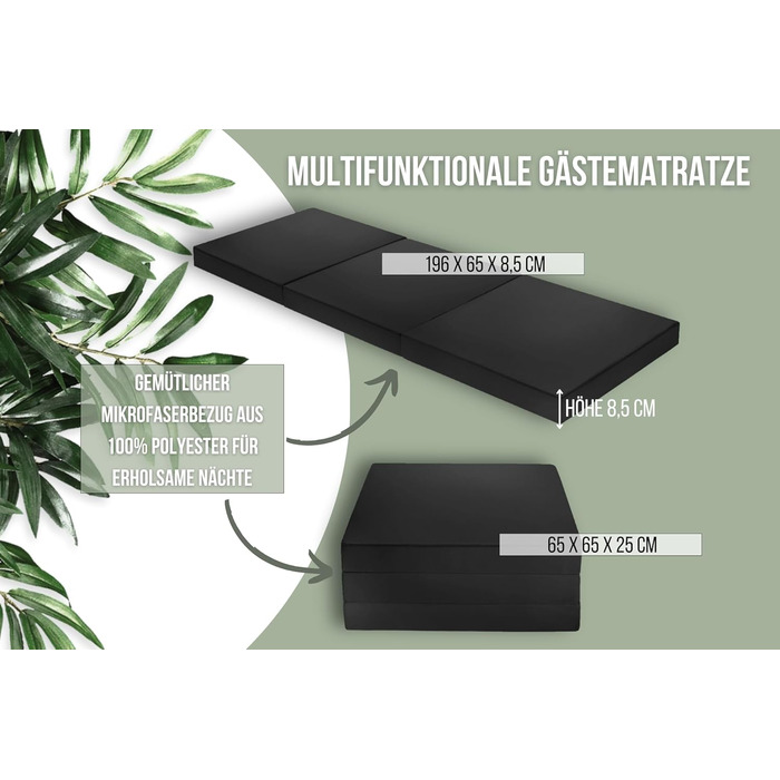 Складаний гостьовий матрац Badenia Trendline з міцним чохлом з мікрофібри, сертифікований Oeko-Tex, спальна поверхня 196 x 65 x 8,5 см, чорний, виготовлено за німецькими стандартами якості, чорний, висота 8,5 см