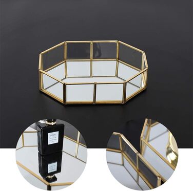 Скляний піднос Hggzeg золотистого кольору, багатокутний металевий, декоративний піднос, піднос для ювелірних виробів, парфумів, органайзер, піднос для макіяжу для туалетного столика, комода, ванної кімнати, спальні (маленький)