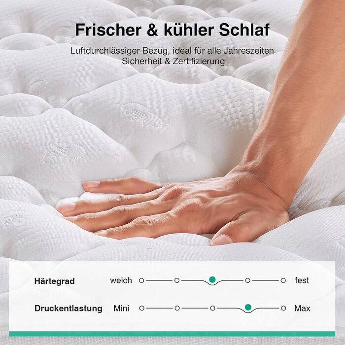 Матрац Novilla 140x200 см 7-зонний пружинний матрац Pocket Spring Висота 20 см Рівень жорсткості H3 Сертифіковано Oeko-Tex Дихаючий та стабільний розмір 20 см 140 x 200 см