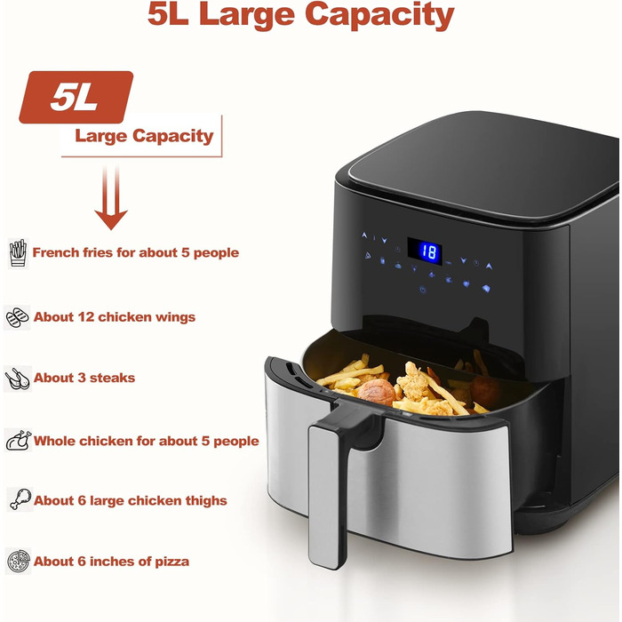 Цифрові фритюрниці TUKAILAi 5 л зі швидкою циркуляцією повітря та екраном одним дотиком, 8 попередніх налаштувань приготування, кошик з антипригарним покриттям, таймер контролю температури, кошик з антипригарним покриттям, безмасляна картопля фрі для дому