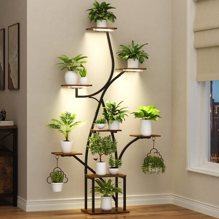 Підставка для рослин з лампою для вирощування, 8-ярусна квіткова полиця 160 см з металу та дерева, велика чорна квіткова полиця для використання в приміщенні та на вулиці, для вітальні, саду, балкону, декоративна, ширина 38 дюймів
