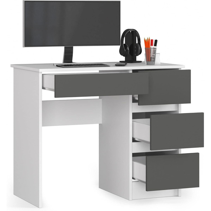 Письмовий стіл AKORD A7 90 см 4 шухляди правий Комп&39ютерний стіл Для дому Для офісу Для роботи Ш 90 x В 77 x Г 50 см Вага 30,50 кг Біла/графітово-сіра ламінована стільниця, біло-графітово-сіра передня панель