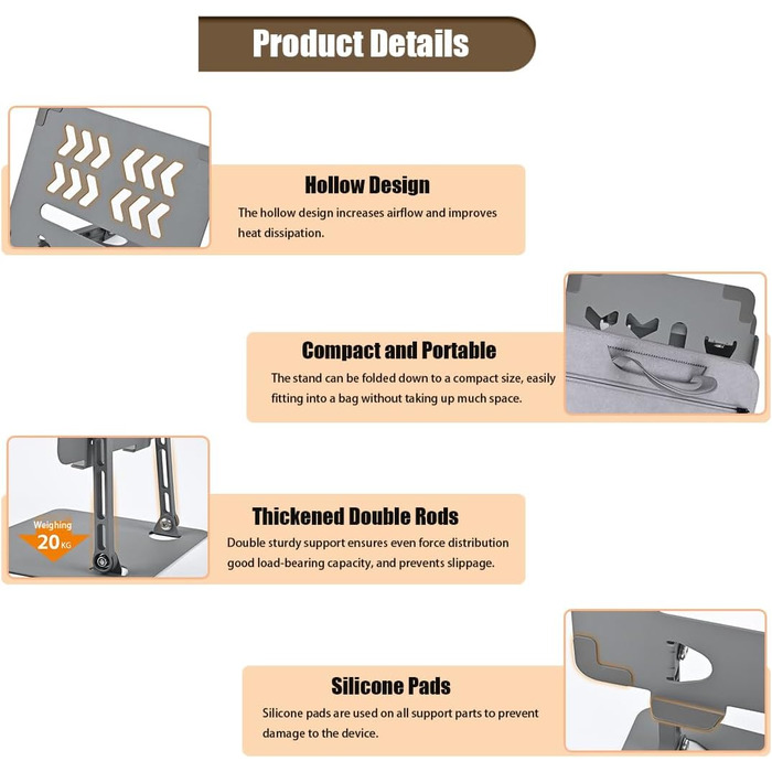 Підставка для планшета та ноутбука, регульована по висоті, з алюмінієвим тримачем, ергономічна з охолодженням, портативна настільна підставка з подвійною опорою для планшетів та ноутбуків до 17,3 дюймів