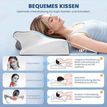 Ортопедична подушка A-Pce, ергономічна подушка з піни з ефектом пам&39яті, подушка для підтримки шиї для полегшення болю в шиї, плечах та спині, ідеально підходить для сну на боці, спині та животі, сіро-біла