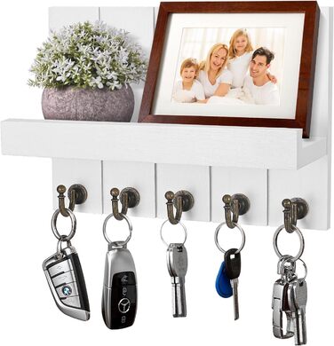 Ключниця Kldgris з полицею, дерев'яна ключниця, декоративна дерев'яна настінна ключниця, з 5 гачками для ключів, для входу, передп