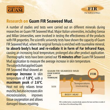 Грязь з морськими водоростями Guam FIR, Зменшує целюліт і жирові відкладення, з турмаліном для переваг далеких інфрачервоних променів, Активне тепло на шкірі, Зроблено в Італії, упаковка 1 кг