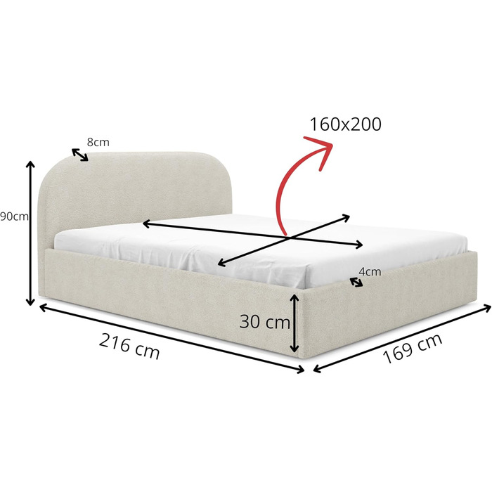 Ліжко Moon з м&39якою оббивкою 90x200 120x200 140x200 160x200 180x200 200x200 з металевою коробкою для зберігання, плетіння букле, без матраца (Source 02 - Cream, 160x200) Source 02 - Cream 160x200