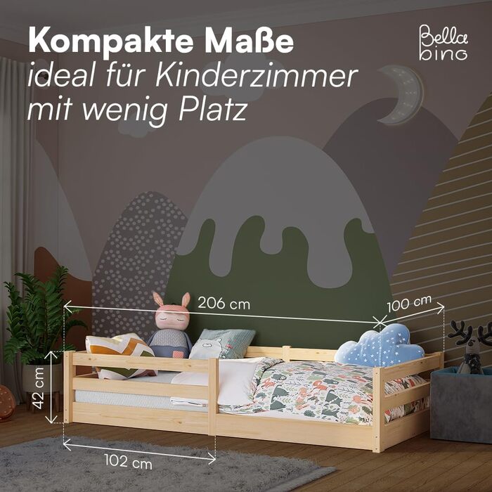 Ліжко Bellabino Iskri на підлозі 90x200 см Дитяче ліжко Монтессорі із захистом від падіння та рейковою основою Дерев&39яне ліжко для хлопчиків та дівчаток з масиву сосни натурального кольору Дитяче ліжко натурального кольору 90x200 см без матраца