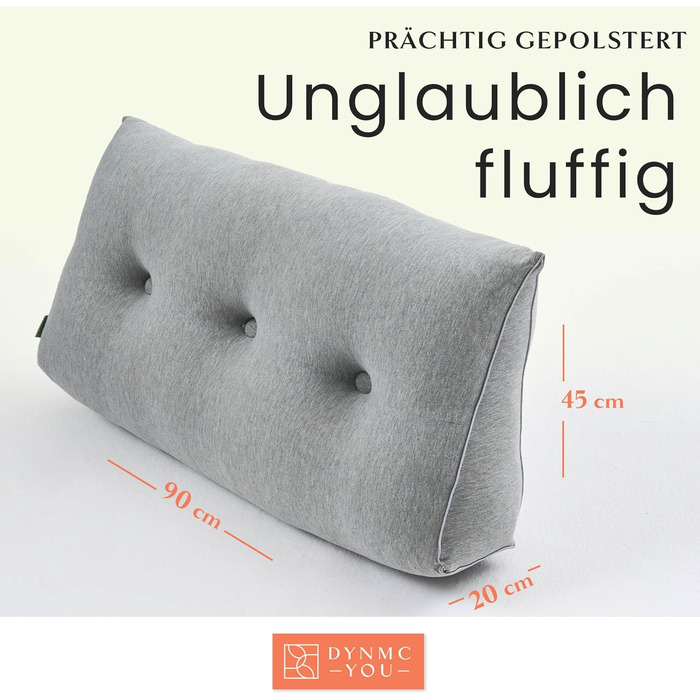 Зручна подушка для спини DYNMC you, бавовняний вигляд, 90 см, Oeko-TEX, сучасна клиноподібна подушка для ліжка, набивка середньої жорсткості - ідеально підходить як подушка для читання, настінна подушка, спинка - преміальне узголів&39я ліжка