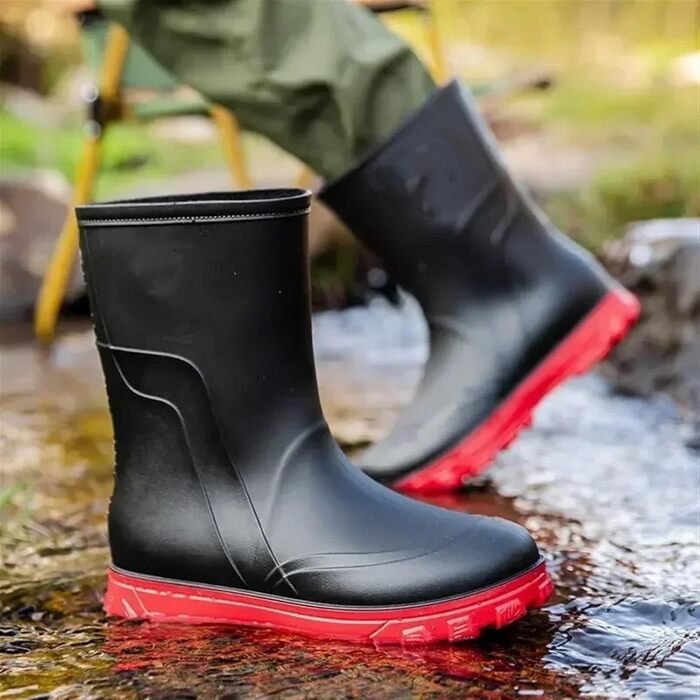 Чоловіче гумове взуття, водонепроникні гумові чоботи, чоловіче взуття, зносостійкі пластикові гумові чоботи, на низькому каблуці, чорно-червоні туфлі, розмір 41 EU