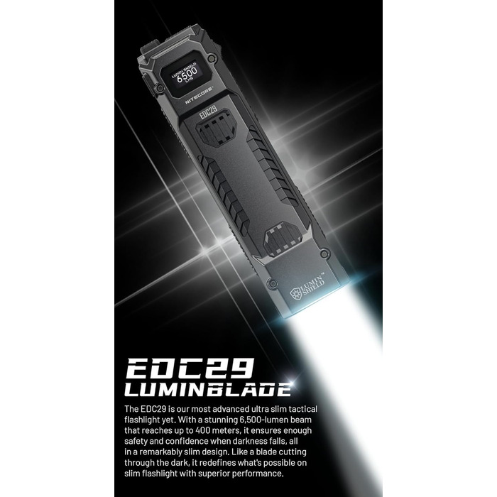 Тактичний ліхтарик Nitecore EDC29 Luminblade, акумуляторний світлодіодний ліхтарик USB, надзвичайно яскравий 6500 люмен, до 61 години роботи, чорний