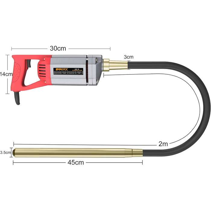 Електричний вібратор для бетону IMAYCC, внутрішній вібратор для пляшок потужністю 1300 Вт, вібраційний вібратор довжиною 2 м для бетону, швидкість вала перемішування 4300 об/хв, діаметр вібраційного валу 35 мм
