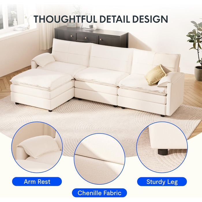 Диван FLEXISPOT на 4 особи, L-подібний кутовий диван з пуфом та місцем для зберігання речей, модульний компактний диван для вітальні, білий, 255 x (7258) x 116 см