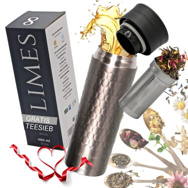 Пляшка для чаю з заварювальним контейнером - 480 мл - ізольована термокружка з нержавіючої сталі - чайник з вставкою для заварювання - отвір для пиття на 360 - 100 герметичний, екологічний (сірий) Сірий 480 мл