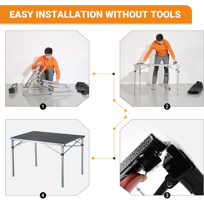 Складаний кемпінговий стіл KingCamp з алюмінієвою рамою, зсувна стільниця для 4-8 осіб, складний кемпінговий стіл з сумкою для перенесення, вантажопідйомність до 80 кг, чорний, 4 особи