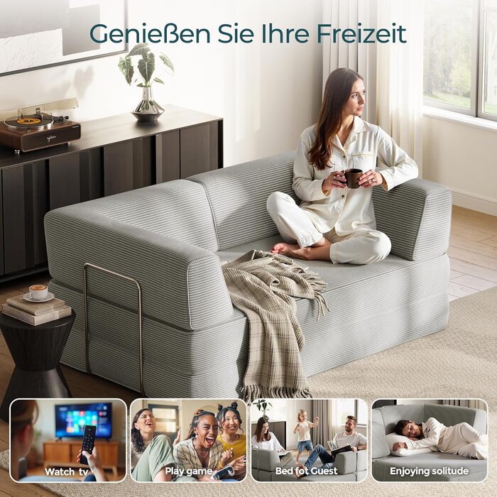 Розкладний диван LINSY HOME - Розкладний диван-ліжко з підлокітником та подушкою для спини - Розкладний диван-ліжко, ширина 160 см - Стиснутий диван у коробці - Вельветова тканина для вітальні, спальні, сірий колір, ширина 1,6 м