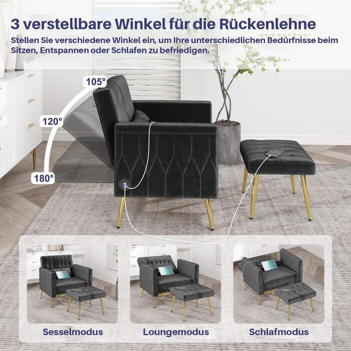 Крісло GRAVFORCE з підніжкою та підставкою, крісло для вітальні з 2 зарядними портами, крісло для читання, крісло для телевізора, м&39яке крісло, крісло-реклайнер, крісло для відпочинку, вантажопідйомність до 159 кг, стильний дизайн, оксамит, чорний