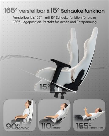 Ігрове крісло Dowinx з 4D підлокітниками та функцією гойдання 15, регульоване масажне ігрове крісло 165, ергономічне ігрове крісло, гоночний дизайн для геймерів та кіберспорту, вантажопідйомність 135 кг, білий колір