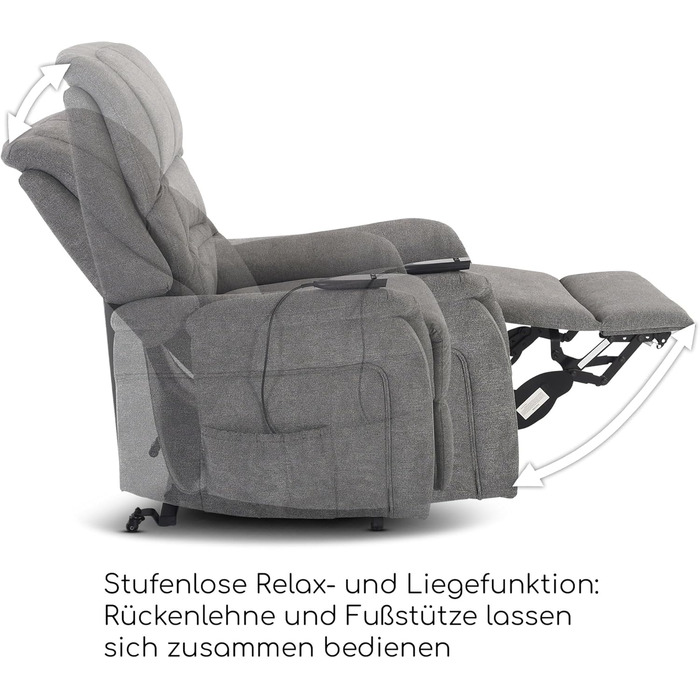 Крісло під телевізор Raburg з підйомником, електричне відкидне крісло з 1 двигуном та пультом дистанційного керування, безступінчасте регулювання, комфортна піна та пружинна основа з кишенькового блоку, мікрофібра, 120 кг Janik Сіра мікрофібра