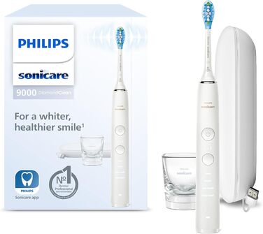 Електрична зубна щітка Philips Sonicare DiamondClean 9000, звукова зубна щітка з додатком, датчик тиску, 4 режими чищення, 3 рівні інтенсивності, зарядне скло та дорожній футляр USB, білий, модель HX9911/27